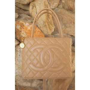 2003 Chanel Beige Caviar Quilted Medallion Tote with Gold Hardware